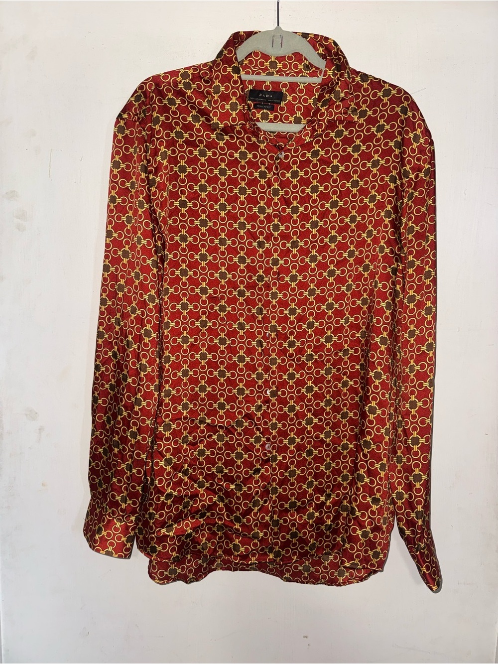 Zara Men's Red Button-Down Shirt with Yellow Chain Print